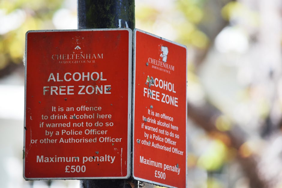 Two red metal signs attached to a black metal pole in a garden setting, indicating a 'Cheltenham Alcohol Free Zone' under the local council's regulations, with the text informing that drinking alcohol